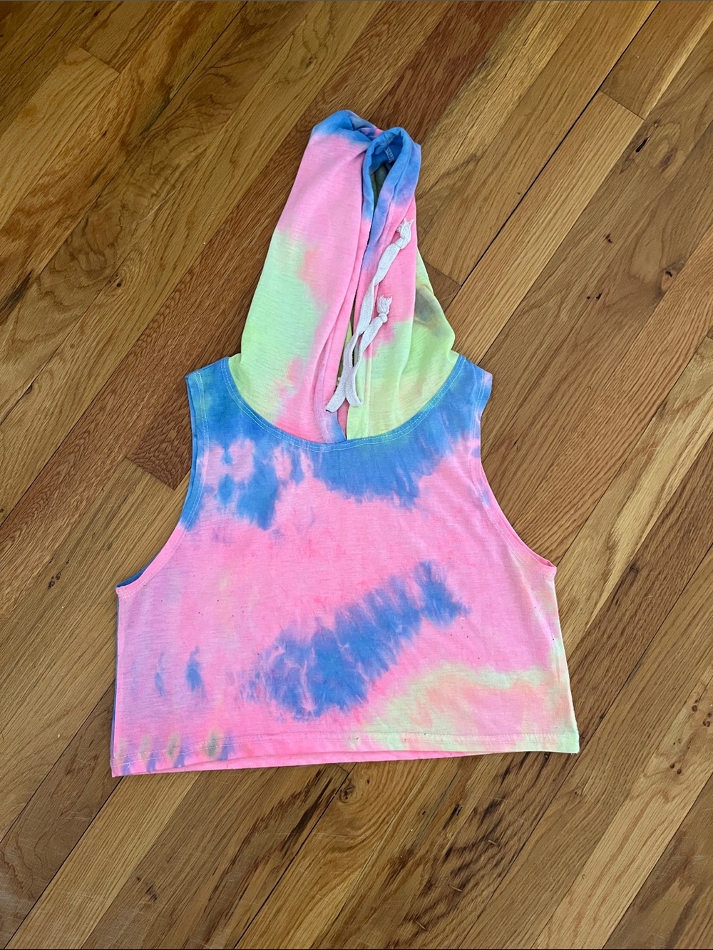 Tie-Dye Cropped Hoodie Tank with Drawstring - Neon Pink, Yellow & Blue